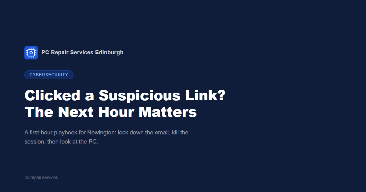 A phone showing a suspicious delivery text with a shortened link, next to a laptop open in a Newington student flat on a desk by a window