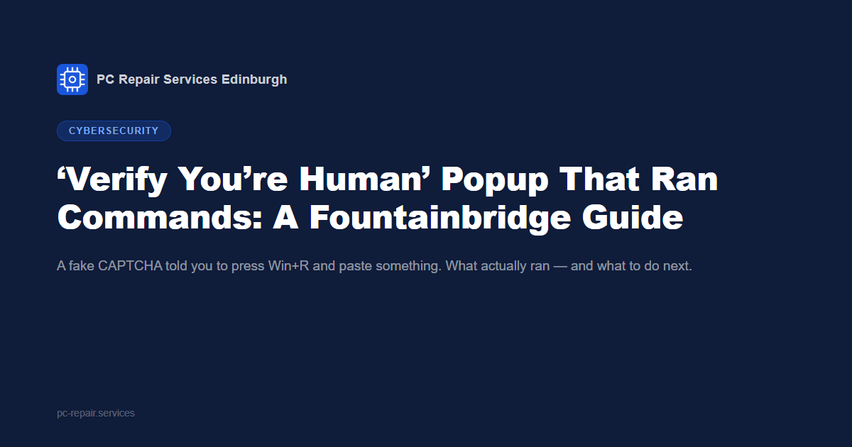 A fake &lsquo;verify you are human&rsquo; CAPTCHA popup on a laptop in a Fountainbridge flat, instructing the user to press Windows plus R and paste a command
