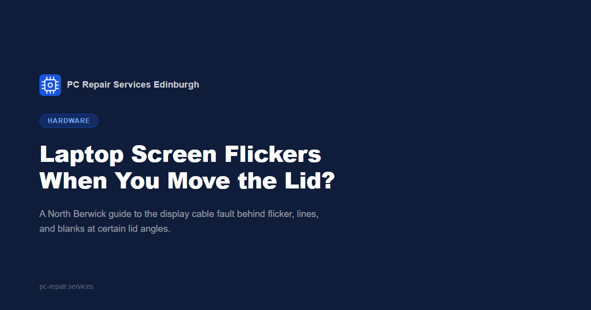 A laptop on a North Berwick kitchen table with the lid part-open, the left half of the display flickering into horizontal lines while the right half shows a normal image