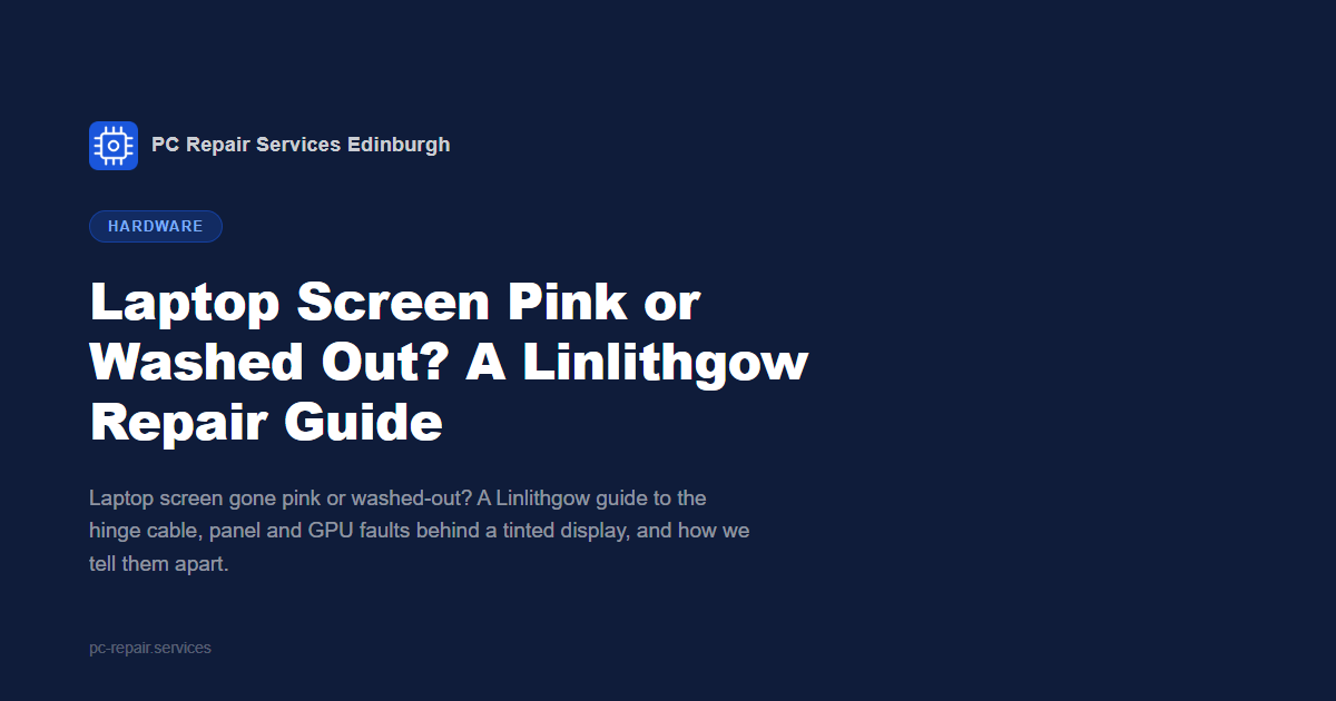 Laptop screen with a pink or washed-out tint, a Linlithgow repair bench guide from PC Repair Services