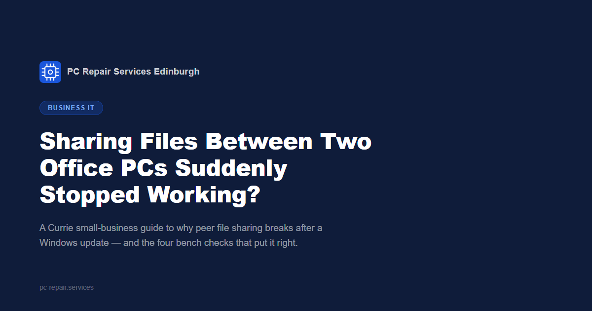 A Currie small-business office with two PCs on a shared network showing a Windows shared folder access denied error