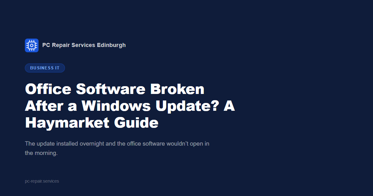 A Haymarket small-business office PC showing Sage or QuickBooks refusing to open after an overnight Windows update