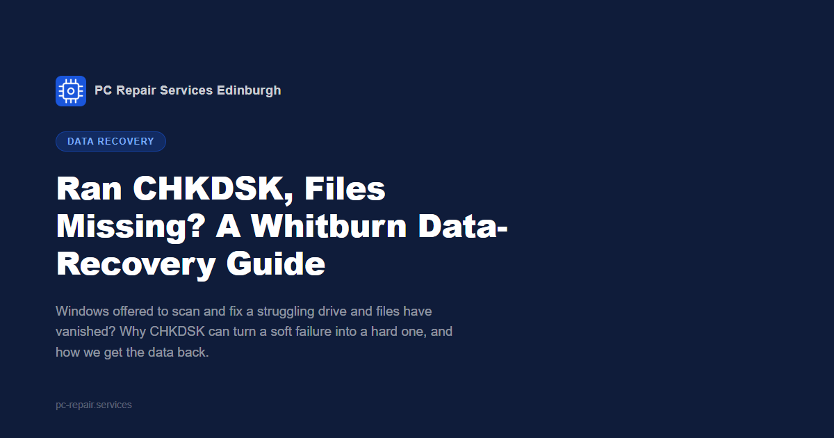 A Whitburn desktop showing Windows CHKDSK running on a failing external hard drive with the file list gone