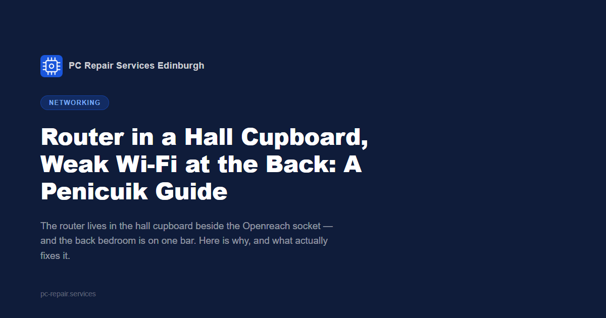 A closed hall cupboard door in a Penicuik home hiding an ISP router while Wi-Fi bars drop to one at the back of the house