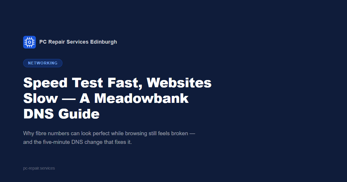 A Meadowbank flat kitchen table with a laptop showing a speed test at 640Mbps beside a browser stuck on Resolving host
