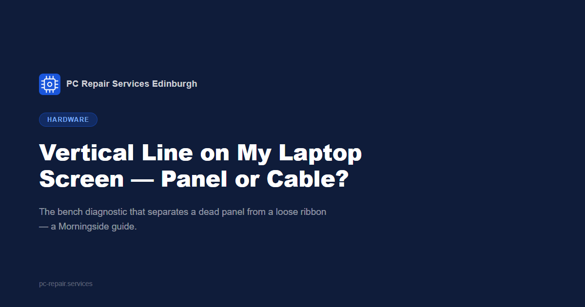 A Morningside laptop with a single vertical coloured line running down the display, showing an eDP ribbon cable fault behind the screen bezel