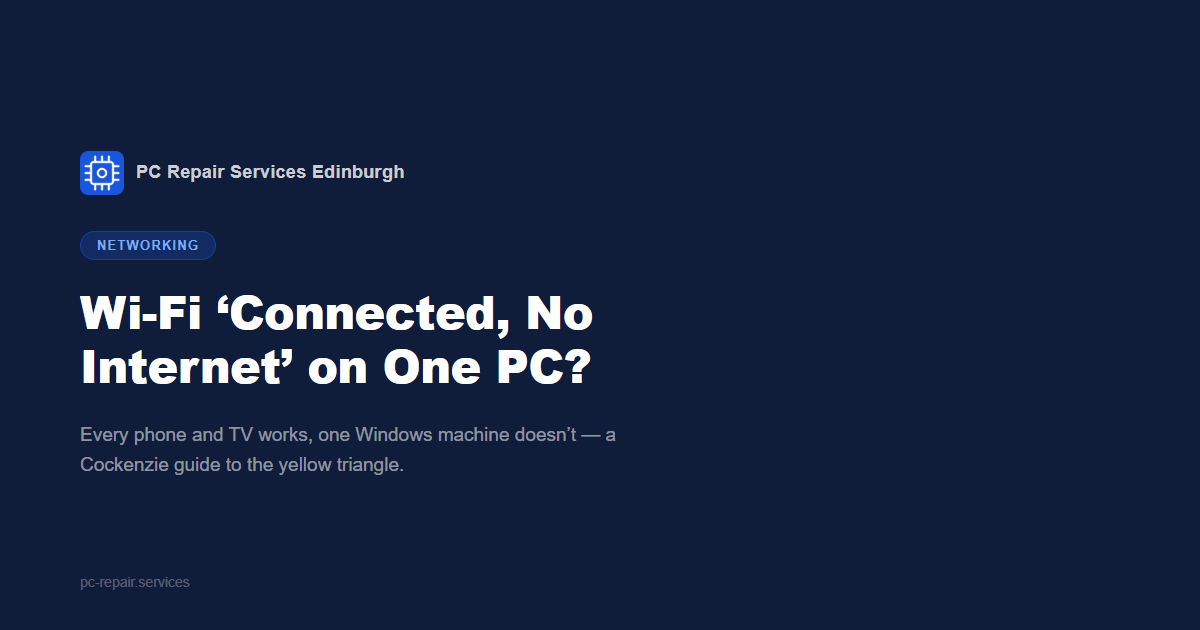 A Windows PC in Cockenzie showing the Wi-Fi &lsquo;Connected, no internet&rsquo; warning while the household phones and TV browse normally
