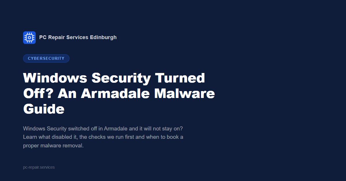 Windows Security on a PC in Armadale showing real-time protection turned off and a message that the setting is managed by an organisation