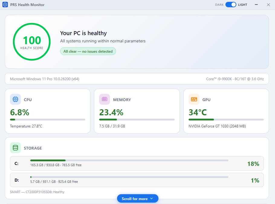 PRS Health Monitor dashboard showing a health score of 100, CPU at 6.8%, Memory at 23.4%, GPU at 34°C, and storage drive status
